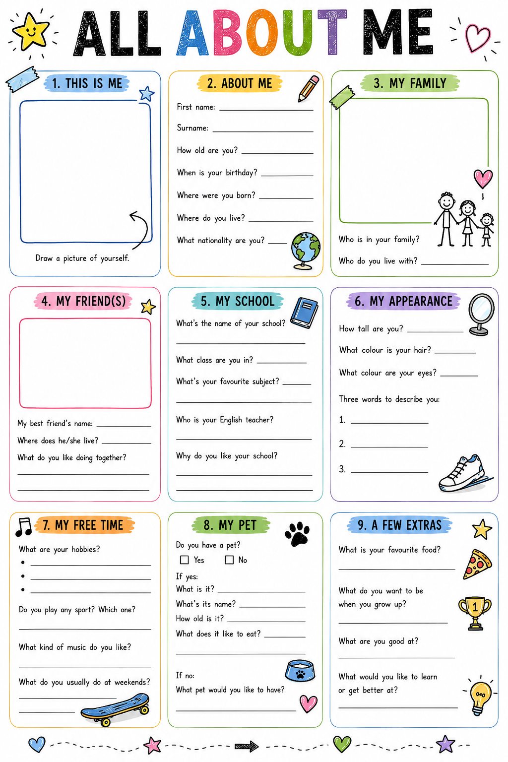 Preview of the free All About Me ESL worksheet for ages 11 to 14