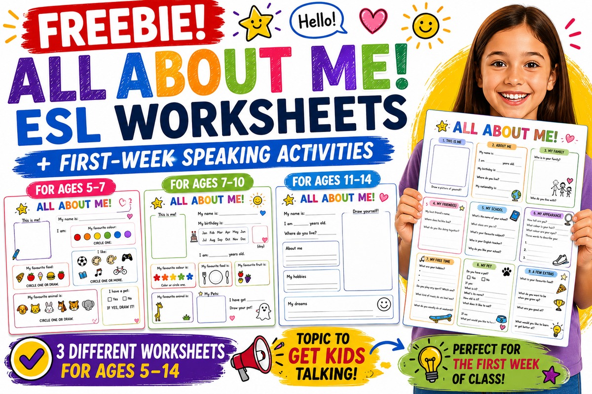 FREEBIE! All About Me ESL Worksheets + First-Week Speaking Activities
