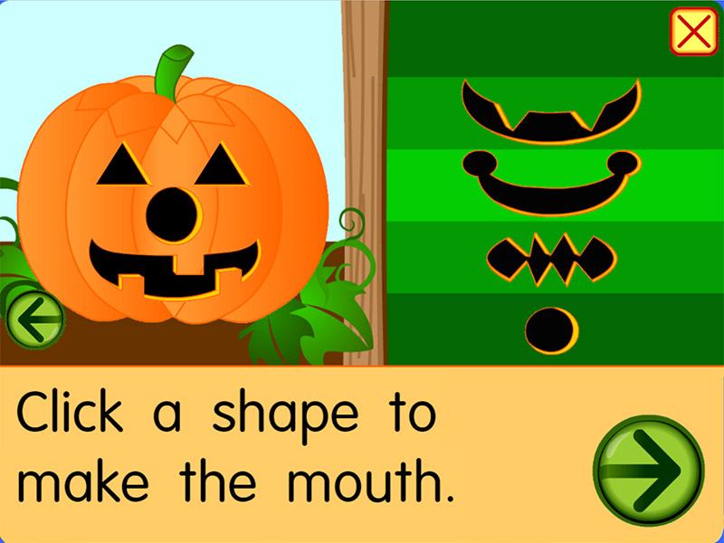 Starfall pumpkin game: click a shape to make the mouth of the Jack-o'-Lantern