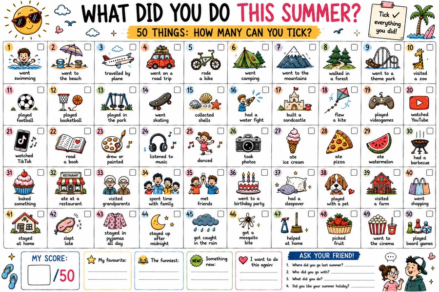 Free What Did You Do This Summer 50 Things ESL worksheet for children