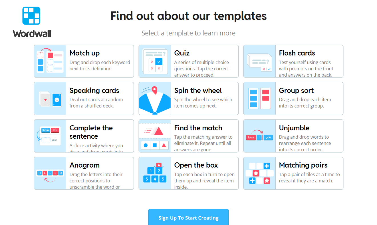 Wordwall interactive game templates including quiz, match up and spin the wheel