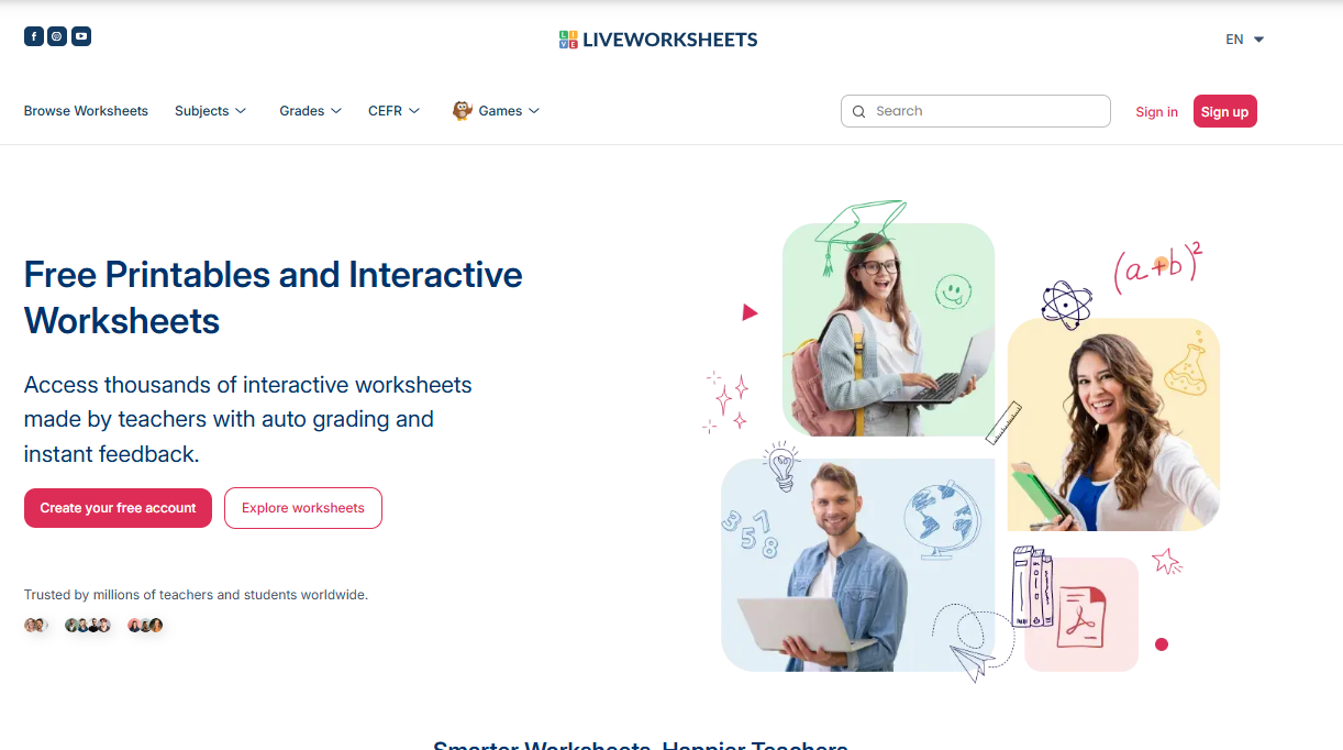 Liveworksheets homepage offering free printable and interactive worksheets