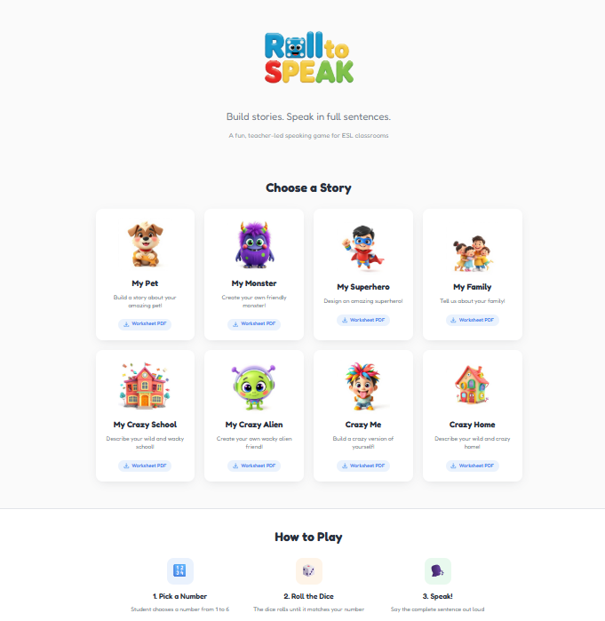 Roll to Speak dice-based speaking game with eight story themes