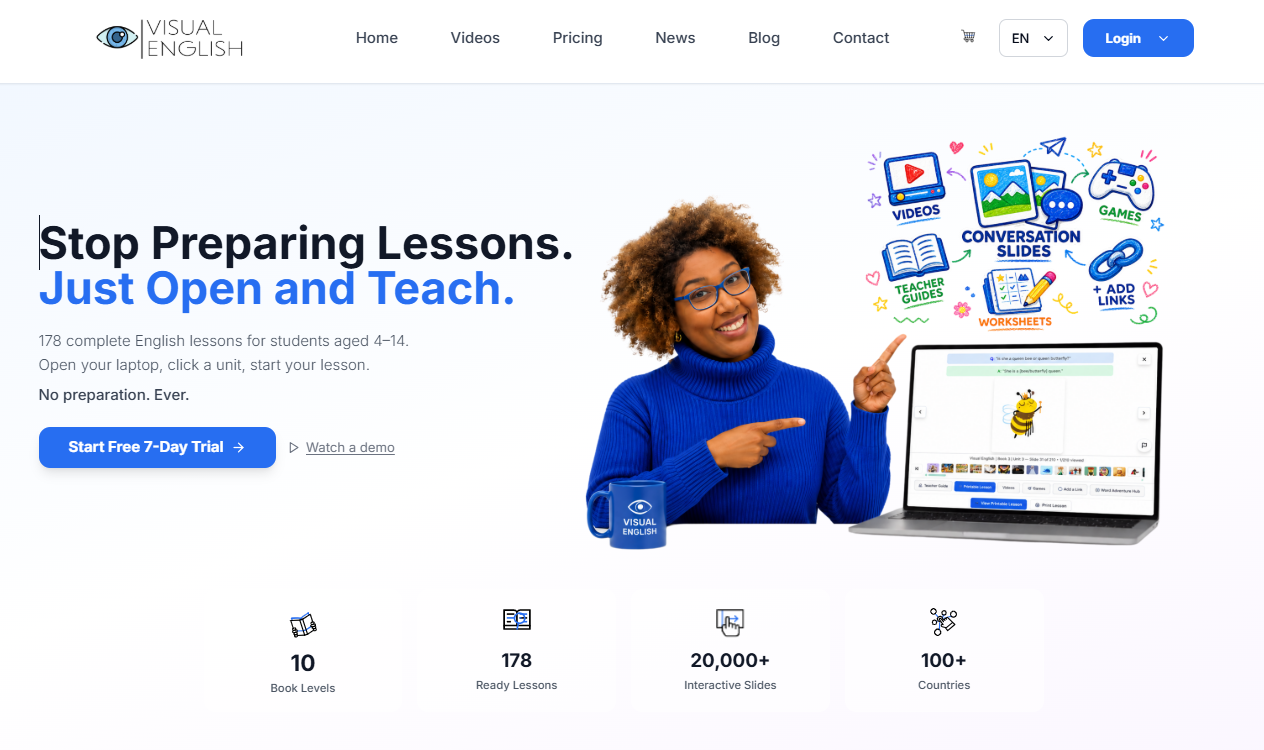 Visual English homepage showing 178 ready-made English lessons