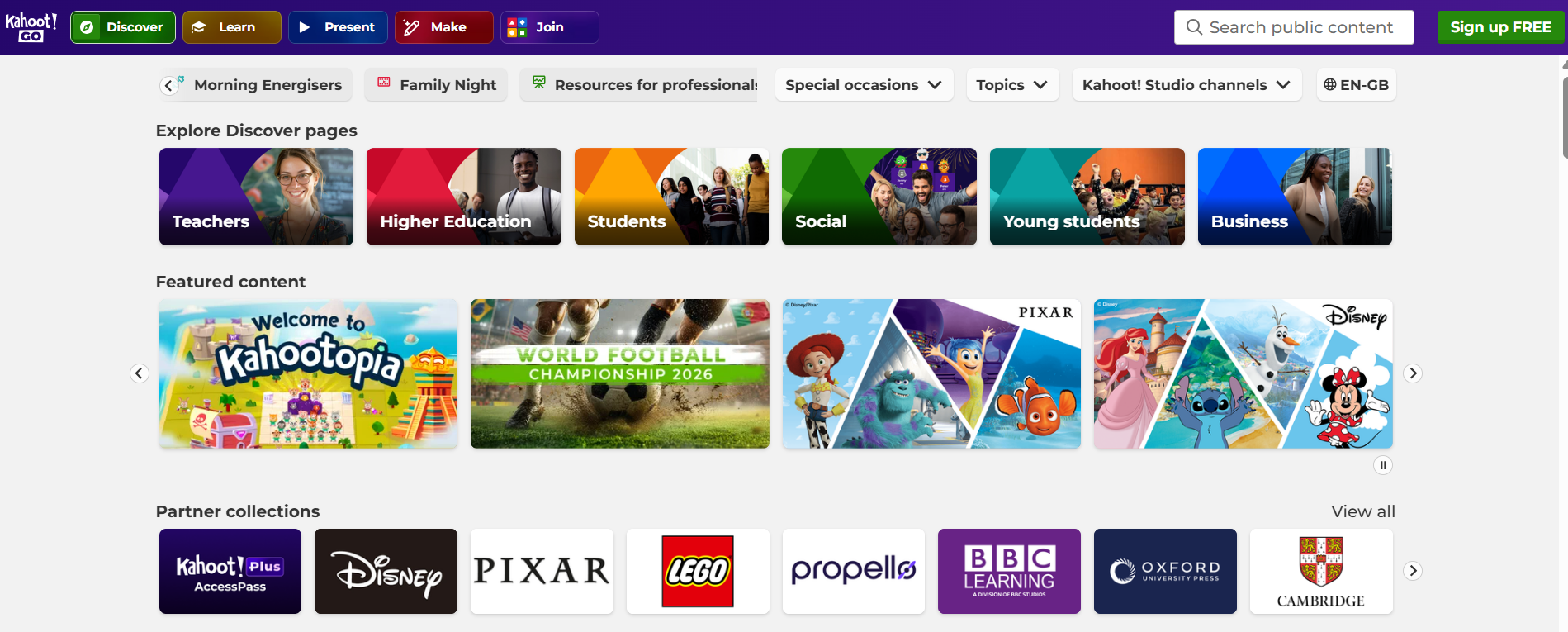 Kahoot homepage with classroom quiz and game collections