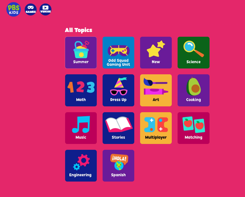PBS Kids games organised by topic including science, art and stories